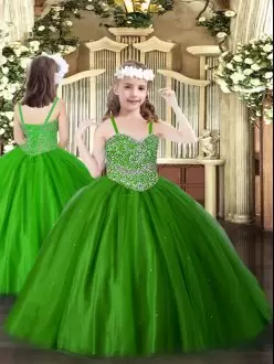 Customized Green Straps Neckline Beading Glitz Pageant Dress Sleeveless Lace Up