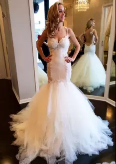 Eye-catching Sleeveless Straps Sweep Train Appliques and Ruffles Backless Wedding Dresses