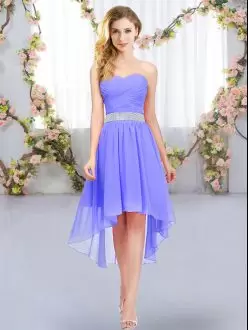 Lavender Sleeveless High Low Belt Lace Up Bridesmaids Dress Sweetheart