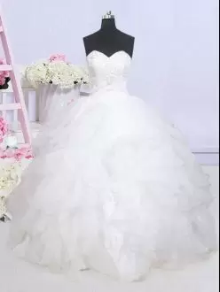 Latest White Organza Lace Up Sweetheart Sleeveless Wedding Dresses Brush Train Beading and Ruffled Layers