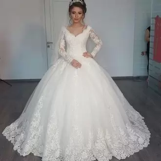 Tulle Long Sleeves Floor Length Bridal Gown and Appliques