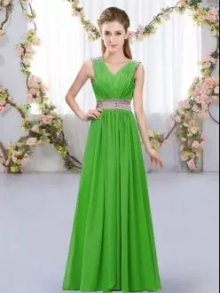 Green Chiffon Lace Up Wedding Party Dress Sleeveless Floor Length Beading and Belt