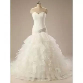 Great White Mermaid Sweetheart Sleeveless Tulle Sweep Train Lace Up Beading and Ruffles and Ruching Wedding Dresses