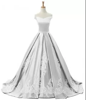 High Quality White Satin Lace Up V-neck Sleeveless Floor Length Wedding Gowns Beading and Lace