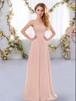 Sweetheart Sleeveless Wedding Guest Dresses Floor Length Ruching Pink Chiffon