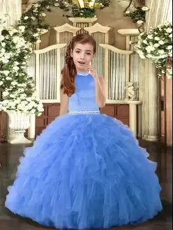 Blue Tulle Backless Halter Top Sleeveless Floor Length Little Girl Pageant Dress Beading