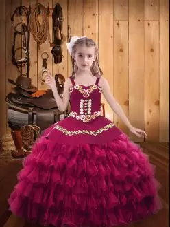 Fuchsia Ball Gowns Embroidery and Ruffled Layers Pageant Dress Lace Up Organza Sleeveless Floor Length