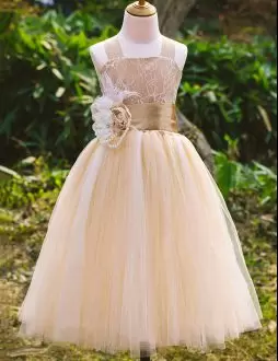 Designer Champagne Sleeveless Floor Length Lace Lace Up Toddler Flower Girl Dress Straps