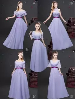 Fancy Sleeveless Floor Length Ruffled Layers and Ruching and Belt Zipper Bridesmaids Dress with Lavender