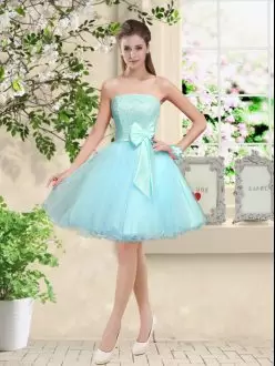 Adorable Knee Length Aqua Blue Bridesmaid Gown Organza Sleeveless Lace and Belt