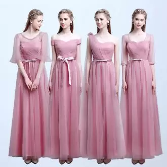 Pink Bridesmaids Dress Party and Wedding Party with Ruching and Belt Scoop Half Sleeves