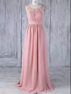 Captivating Sleeveless Chiffon Floor Length Criss Cross Quinceanera Dama Dress in Pink with Appliques