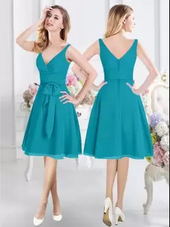 Turquoise V-Neck Ruching and Belt Knee Length Wedding Guest Dress