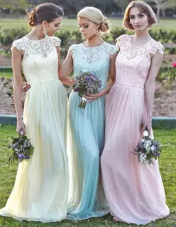 Unique Floor Length White and Pink and Blue Bridesmaid Dresses Scoop Cap Sleeves Zipper