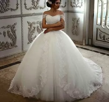 White Ball Gowns Tulle Off The Shoulder Sleeveless Appliques With Train Lace Up Wedding Dresses Sweep Train