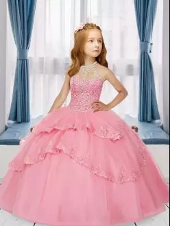 Beading and Ruffled Layers Kids Pageant Dress Pink Lace Up Sleeveless Floor Length
