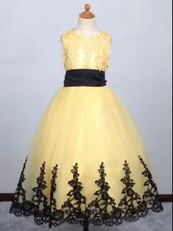 Scoop Sleeveless Lace Up Little Girl Pageant Dress Yellow Tulle Appliques