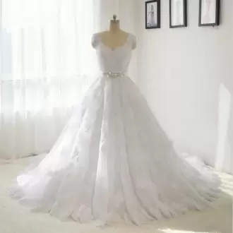 White A-line Lace Square Sleeveless Beading and Belt Lace Up Wedding Gowns Sweep Train