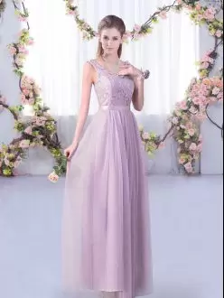 Deluxe Lavender Tulle Side Zipper V-neck Sleeveless Floor Length Bridesmaid Dresses Lace and Belt
