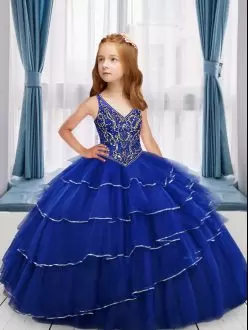 V-neck Sleeveless Kids Formal Wear Floor Length Beading and Ruffled Layers Blue Tulle