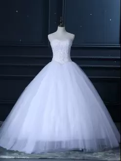 Floor Length Ball Gowns Sleeveless White Wedding Gowns Lace Up