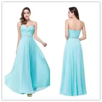 Hot Selling Aqua Blue Chiffon Zipper Bridesmaid Dress Sleeveless Floor Length Beading and Ruching