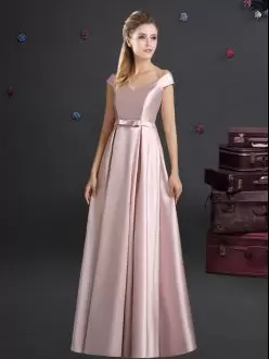 High Class Empire Bridesmaid Dresses Pink Off The Shoulder Elastic Woven Satin Cap Sleeves Floor Length Zipper