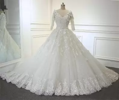 Luxury Tulle V-neck Half Sleeves Brush Train Lace Up Appliques and Belt Bridal Gown in White