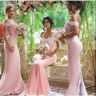 Popular Pink Off The Shoulder Lace Bridesmaid Dress Sweep Train Sleeveless