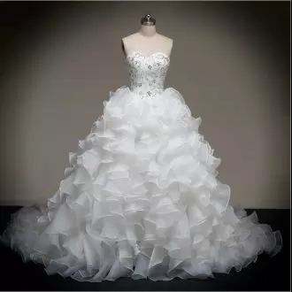 White Organza Ruffled Skirt Silver Beads Wedding Dress with Trains