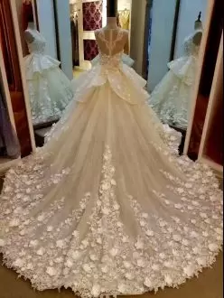 Sumptuous Sleeveless Scoop Chapel Train Hand Made Flower Zipper Wedding Dresses