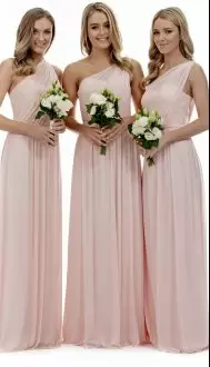 Luxurious Pink Chiffon One Shoulder Sleeveless Floor Length Bridesmaid Gown Ruching