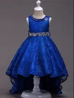 Dazzling Lace Scoop Sleeveless Lace Up Beading Winning Pageant Gowns in Royal Blue