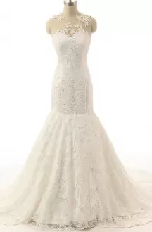 Decent Sleeveless Scoop Sweep Train Lace Side Zipper Wedding Gown