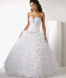 White Ball Gowns Sweetheart Sleeveless Organza and Tulle and Fabric With Rolling Flowers Floor Length Lace Up Beading and Ruffles Celebrity Inspired Dress