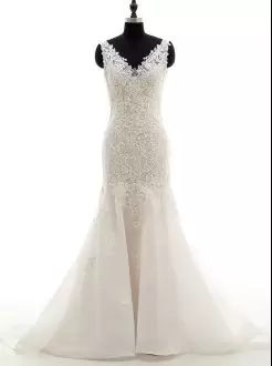 Pretty White Sleeveless With Train Lace Zipper Wedding Dress V-neck