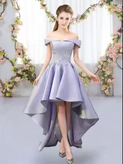 Custom Fit Satin Off The Shoulder Sleeveless Lace Up Appliques Bridesmaid Dresses in Lavender