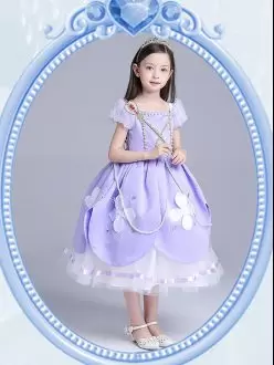 Modern Lavender Short Sleeves Beading and Appliques Tea Length Toddler Flower Girl Dress