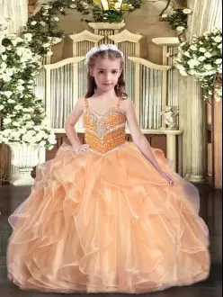 Elegant Peach Lace Up Little Girl Pageant Gowns Beading and Ruffles Sleeveless Floor Length