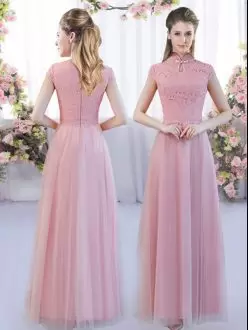 Pink Bridesmaid Dresses Wedding Party with Lace High-neck Cap Sleeves Zipper