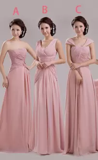 Traditional Empire Quinceanera Court of Honor Dress Pink Off The Shoulder Chiffon Sleeveless Floor Length