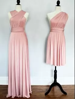 Modern Halter Top Sleeveless Lace Up Bridesmaids Dress Pink Chiffon Ruching