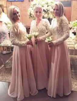 Sexy Pink Long Sleeves Beading and Lace Floor Length Bridesmaid Gown