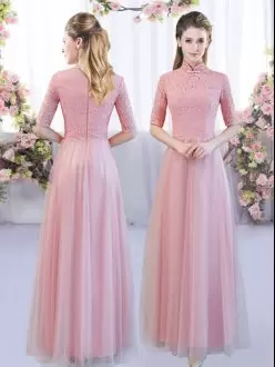 Fabulous Pink Empire Tulle High-neck Half Sleeves Lace Floor Length Zipper Bridesmaids Dress