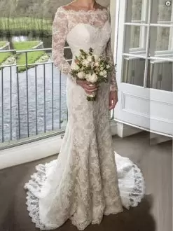 Free and Easy White Long Sleeves Lace and Appliques Lace Up Bridal Gown Off The Shoulder