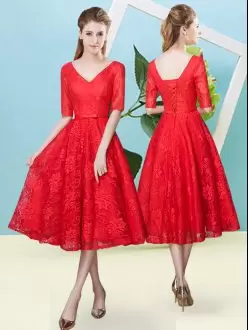 Noble Tea Length Empire Half Sleeves Red Bridesmaids Dress Lace Up