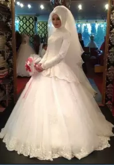 Wonderful Ball Gowns Wedding Dresses White High-neck Long Sleeves Lace Up