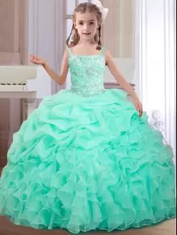 Apple Green Lace Up Pageant Dress Toddler Beading and Ruffles and Pick Ups Sleeveless Floor Length