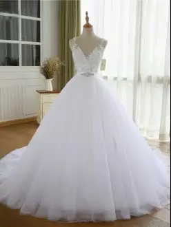 Sleeveless Beading and Lace and Appliques Lace Up Wedding Gowns with White Court Train