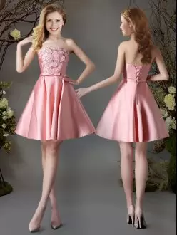 Dramatic Sleeveless Mini Length Appliques and Bowknot Lace Up Bridesmaid Gown with Pink